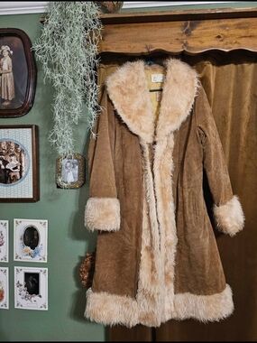 Vintage Brown Faux-Suede Coat with Faux-Fur Trim, Penny Lane Coat